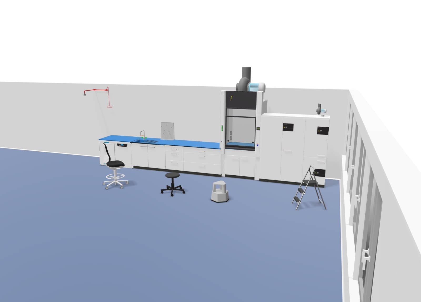 3D-Laborplanung — Komplette Raumansicht mit Laborabzug und Arbeitsplätzen